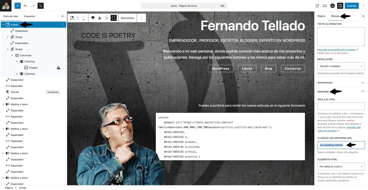 css personalizado bloque wordpress