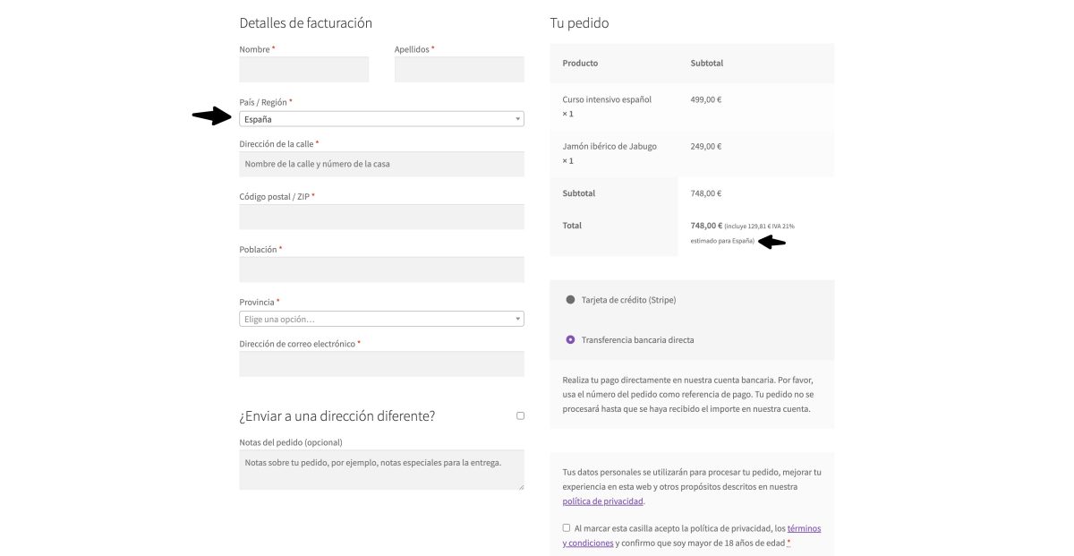 pais por defecto automatico pago woocommerce