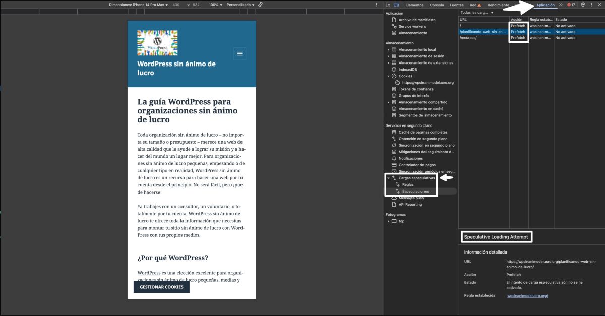 probar carga reglas especulativas navegador wordpress