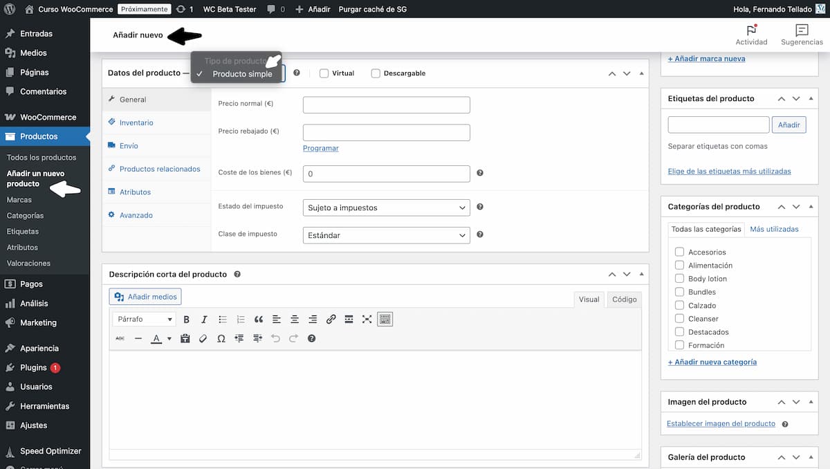 solo producto simple selector tipo producto woocommerce