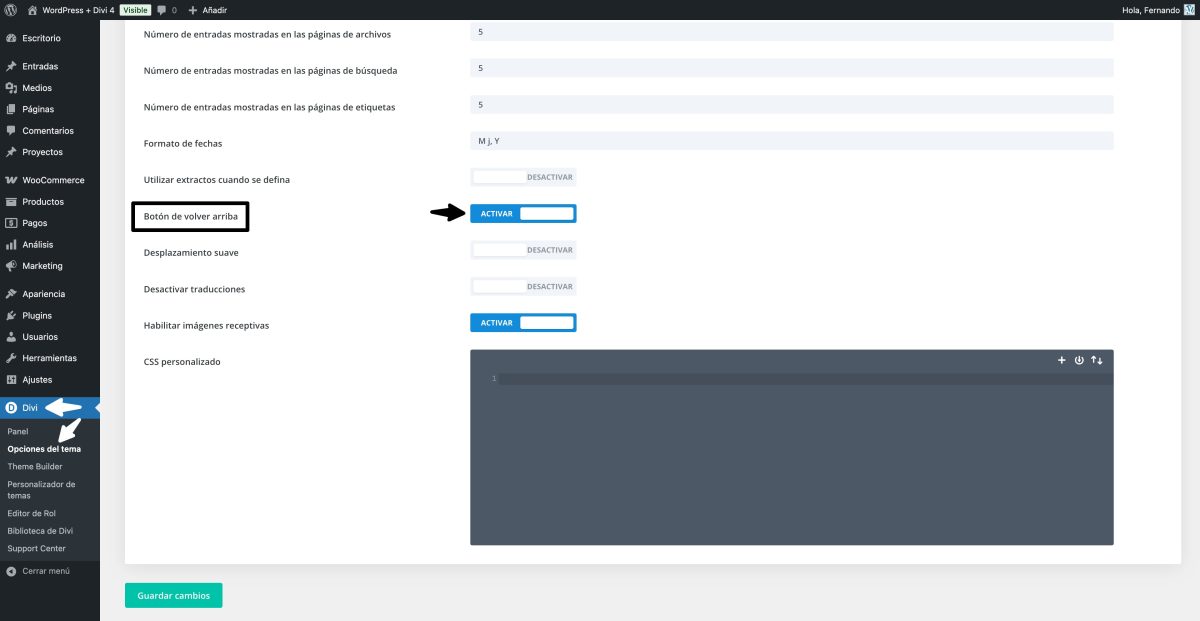 activar boton volver arriba tema divi