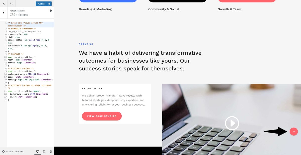 boton divi volver arriba varias personalizaciones