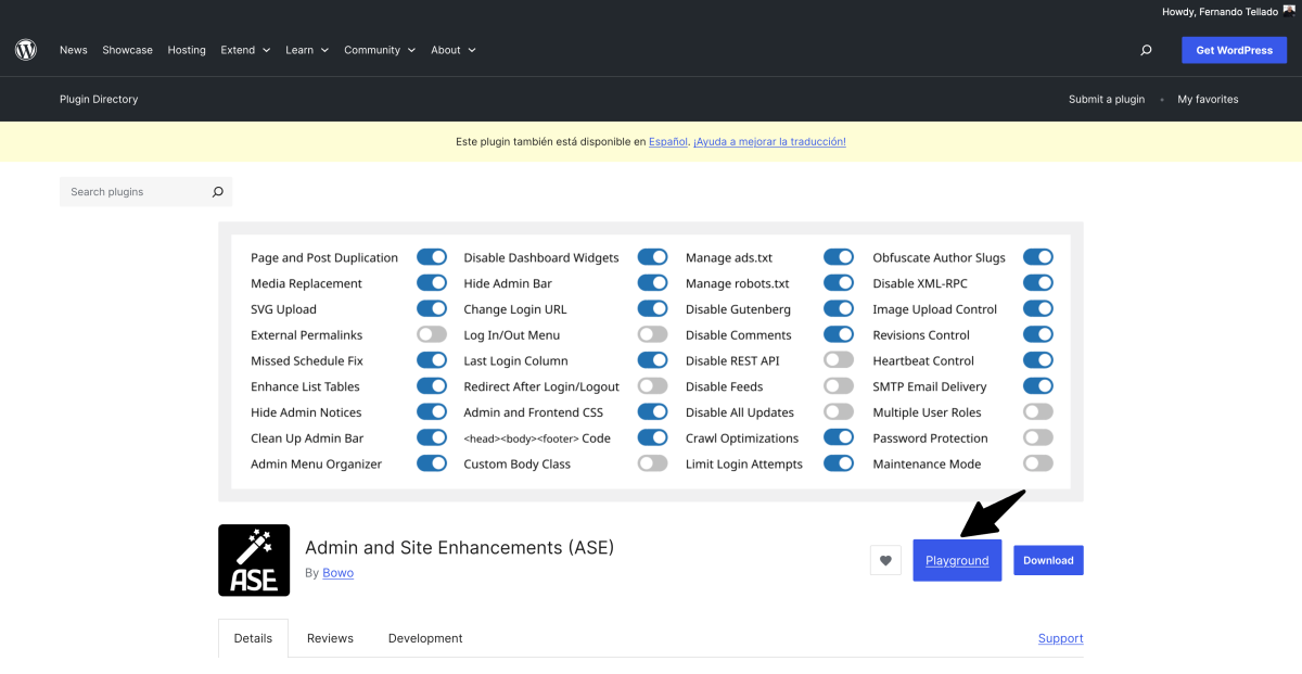 boton playground en pagina plugin wordpress