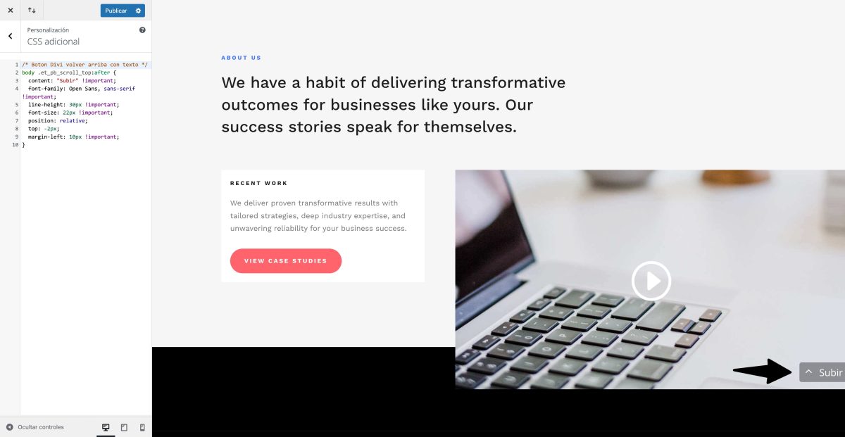 boton volver arriba divi con texto