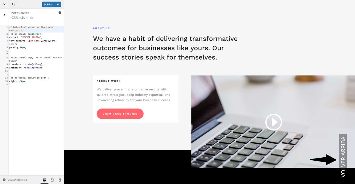 boton volver arriba divi texto vertical