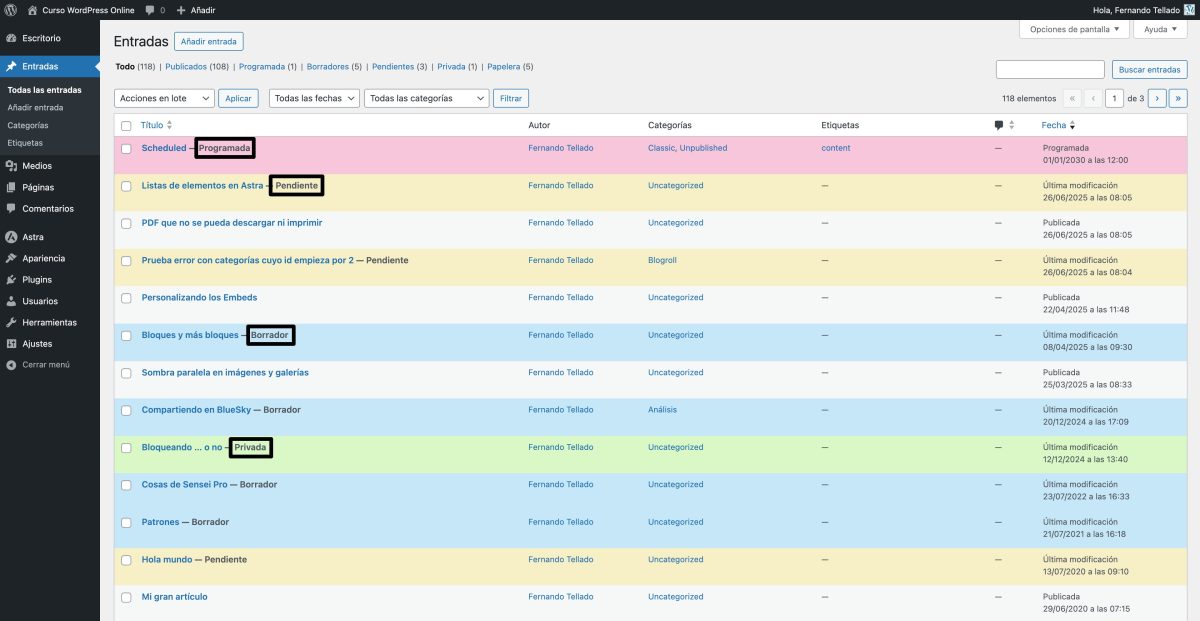 estados publicacion coloreados entradas wordpress administracion