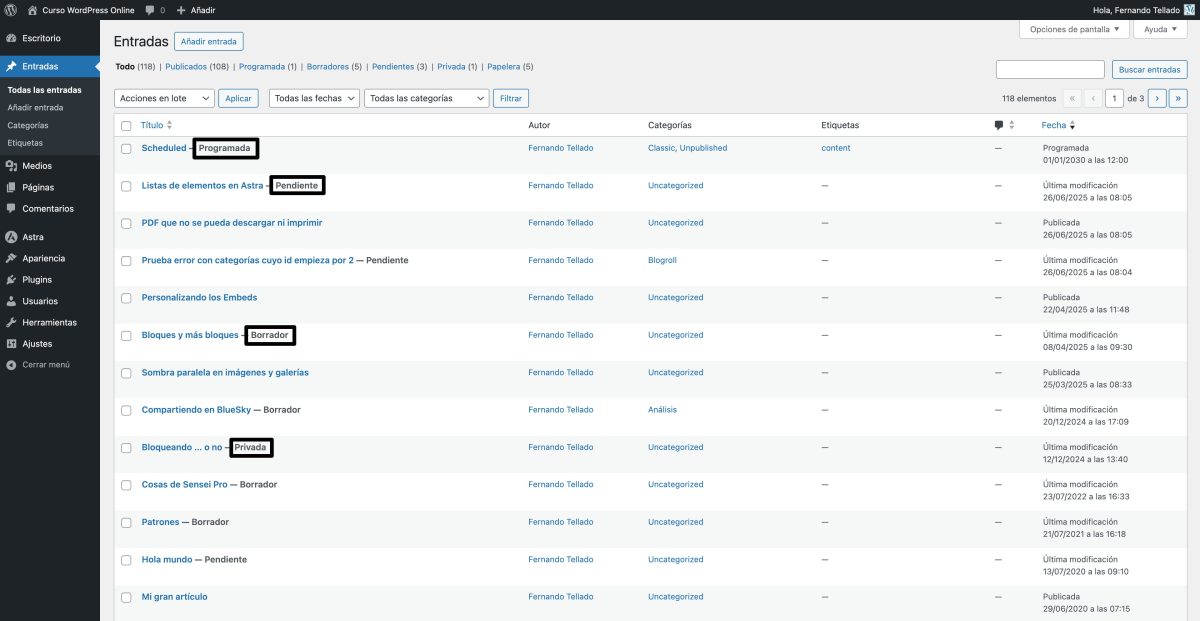 estados publicacion entradas wordpress administracion