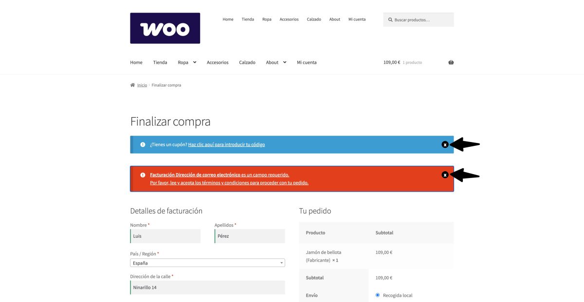 iconos descartar mensajes woocommerce