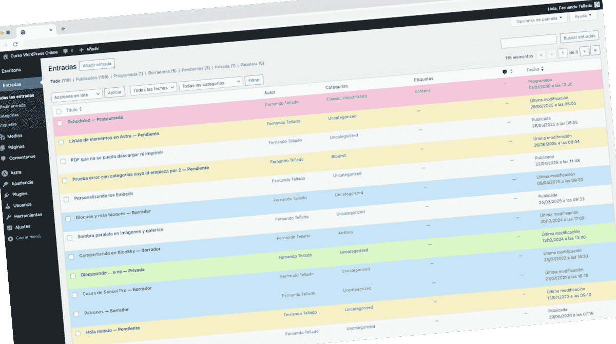 listado entradas colores admin wordpress