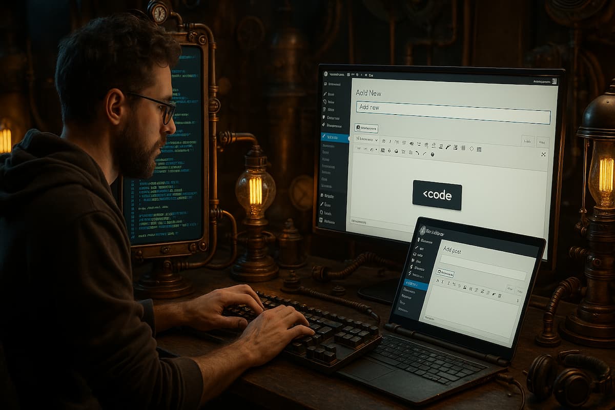 programador tres pantallas steampunk code wordpress