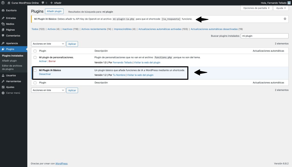 aviso api key plugin ia wordpress instalado
