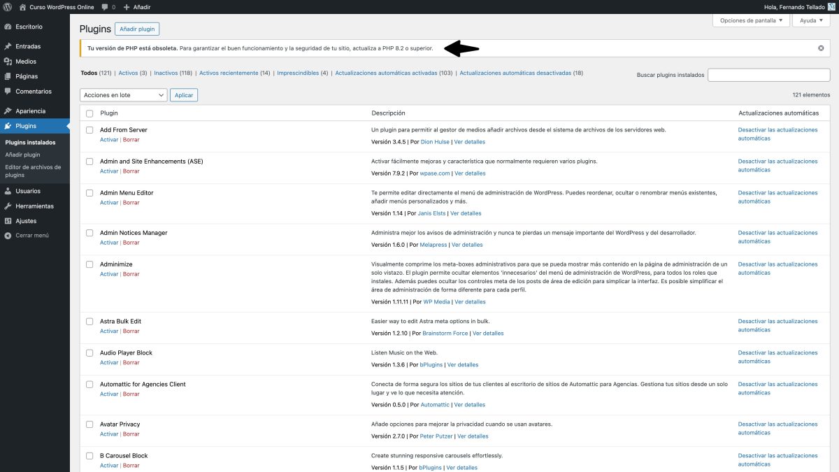 aviso veriones obsoletas php admin wordpress
