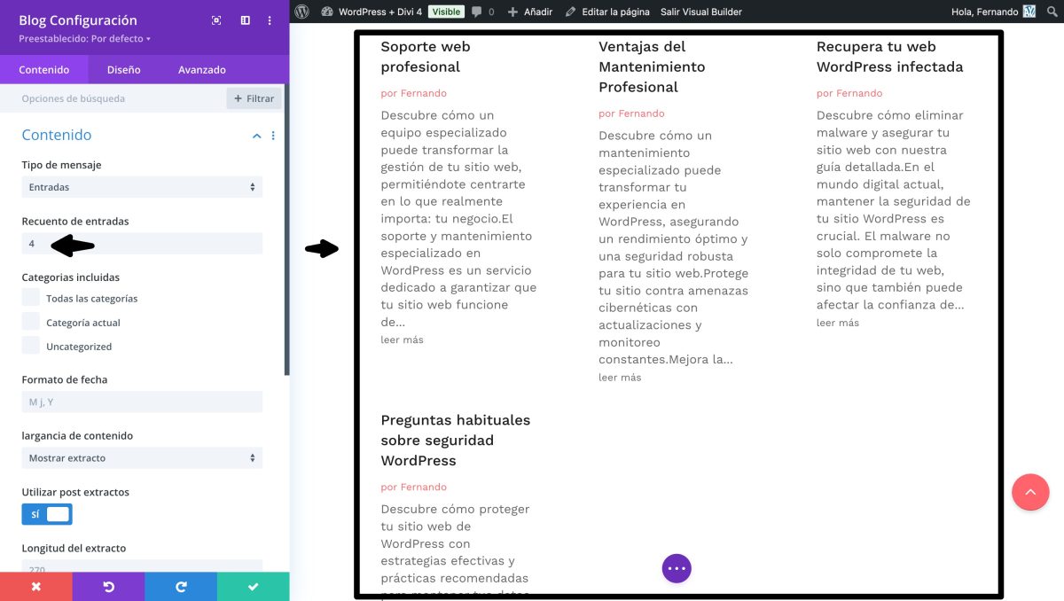cantidad entradas modulo blog divi rejilla
