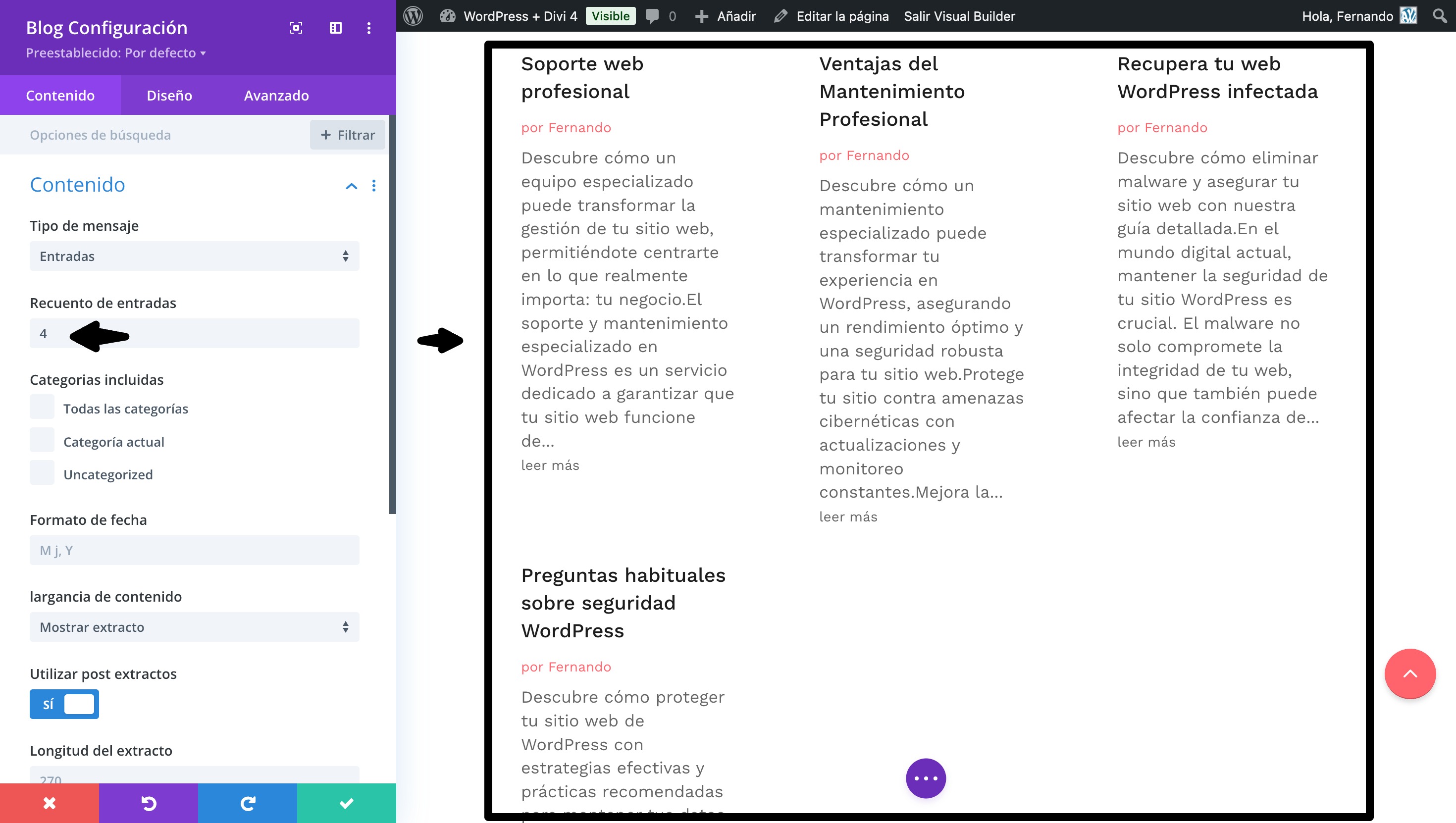 cantidad entradas modulo blog divi rejilla