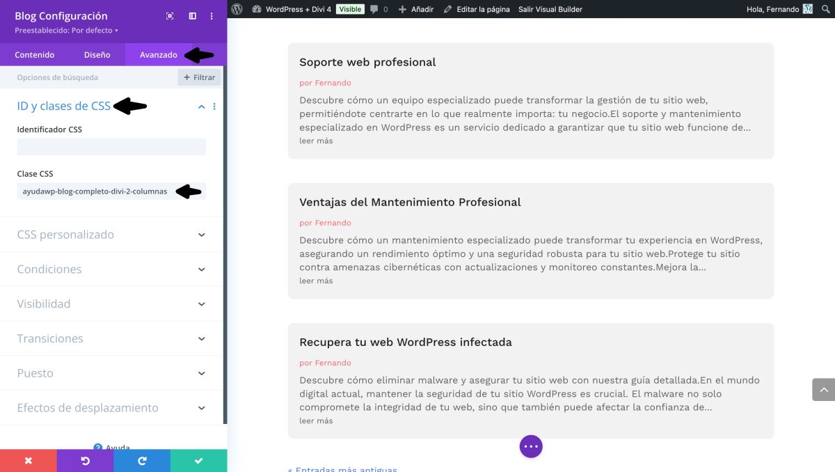 clase css modulo blog divi ancho completo