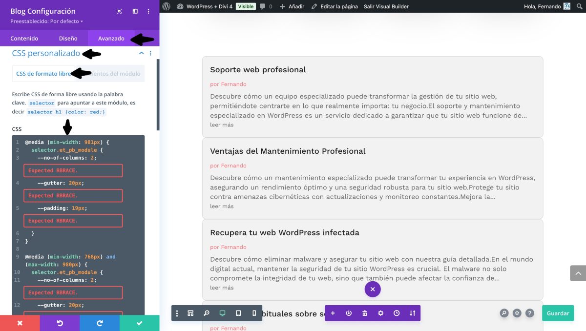 css personalizado formato libre modulo blog ancho completo divi