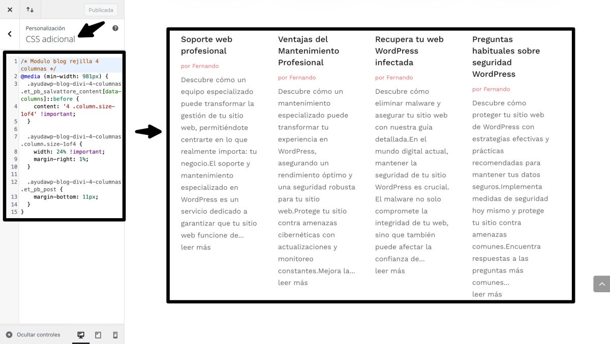 css personalizado modulo blog divi 4 columnas