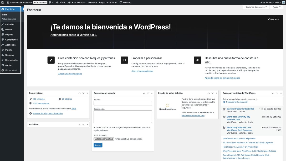 escritorio wordpress con solo menus nativos