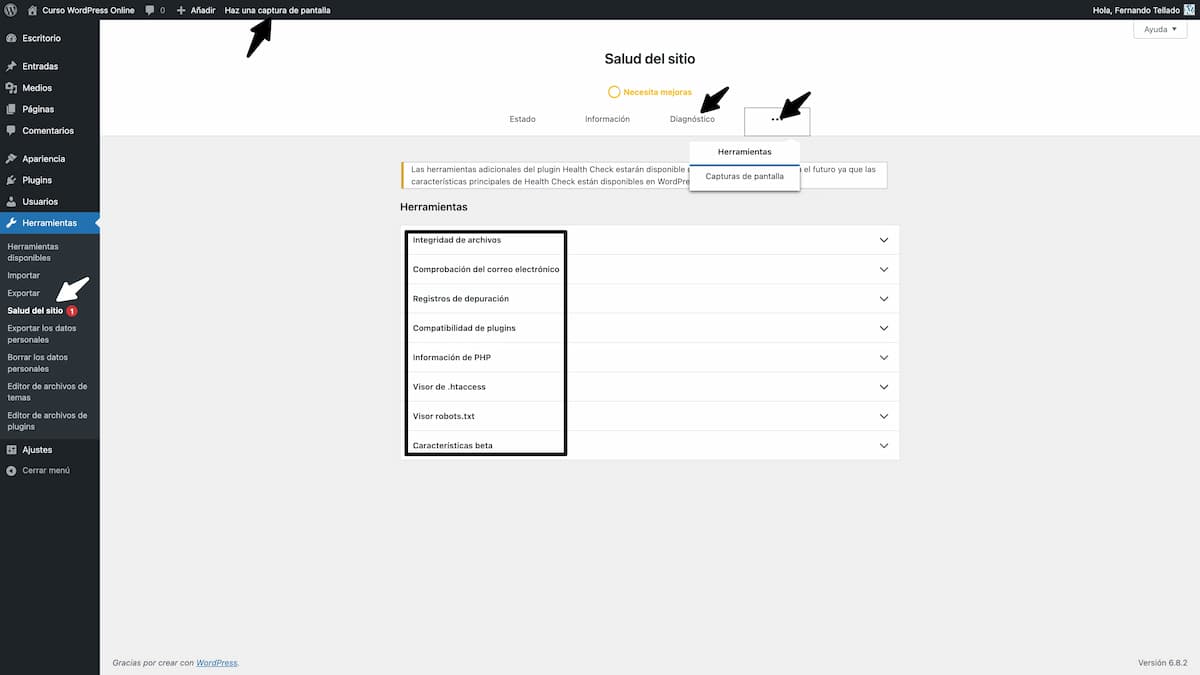 health and troubleshooting herramientas salud sitio
