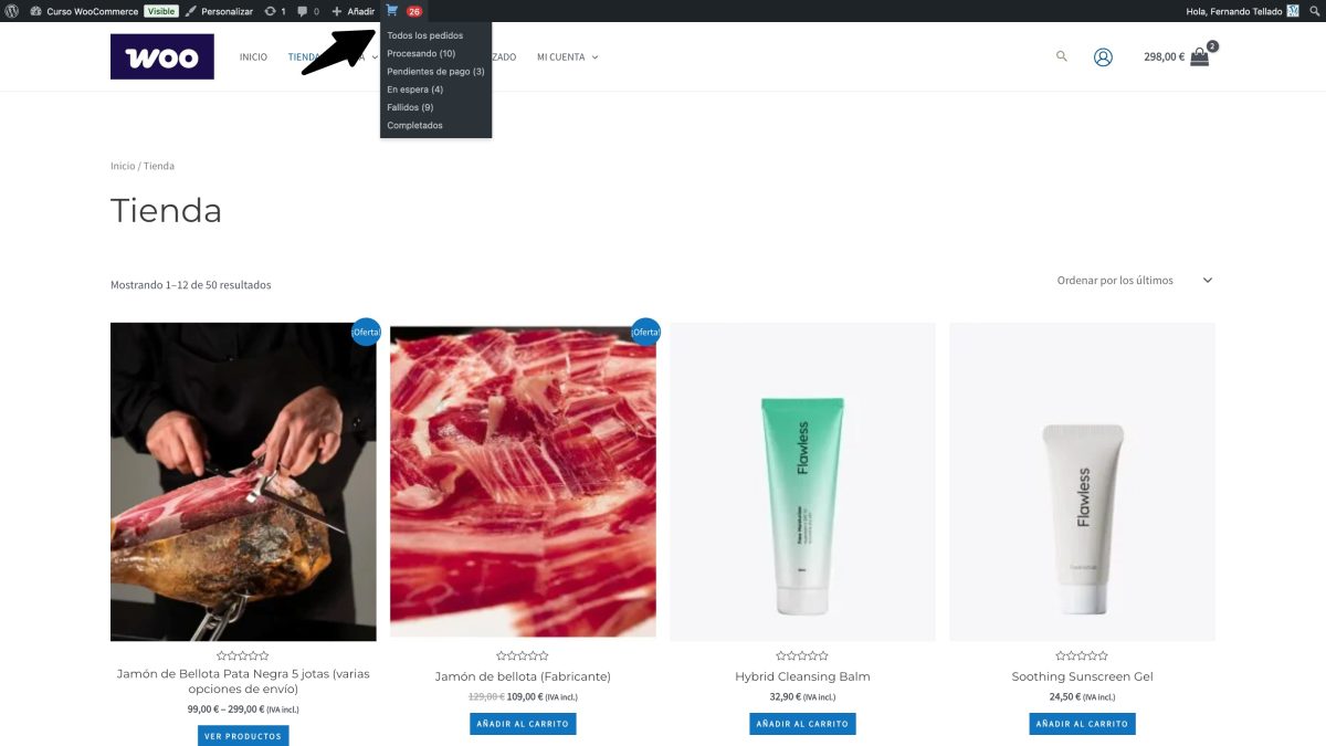 icono enlace pedidos woocommerce barra admin wordpress