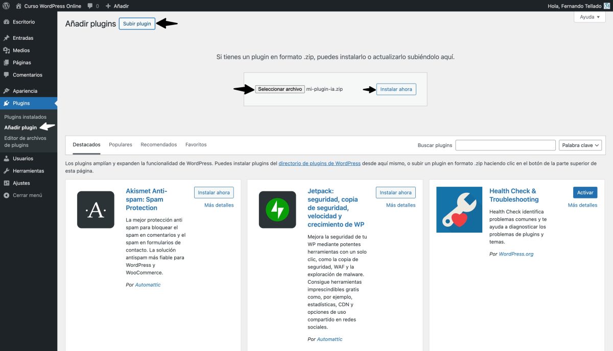 instalar subiendo wordpress plugin ia