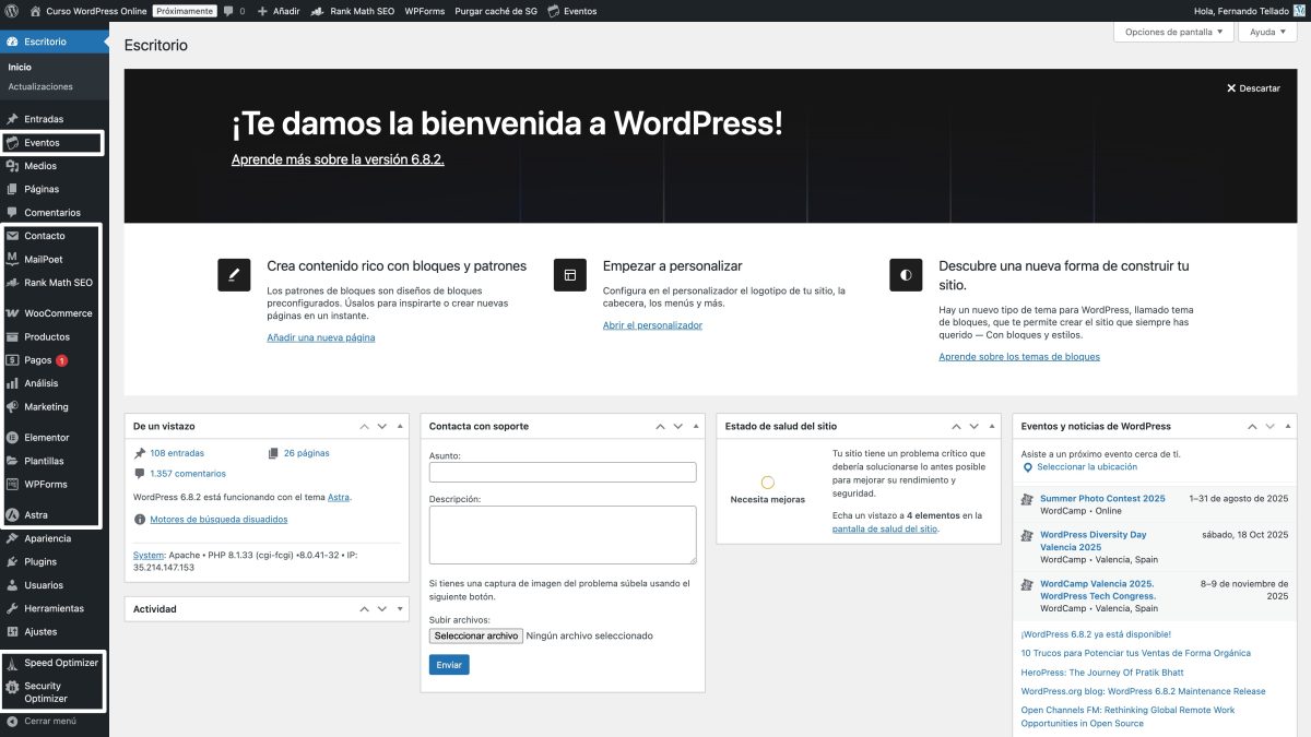 menus admin wordpress de plugins y tema