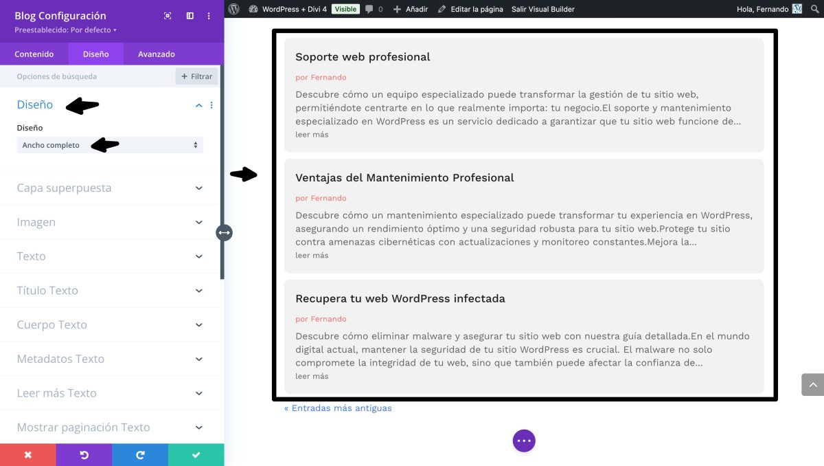 modulo blog divi ancho completo