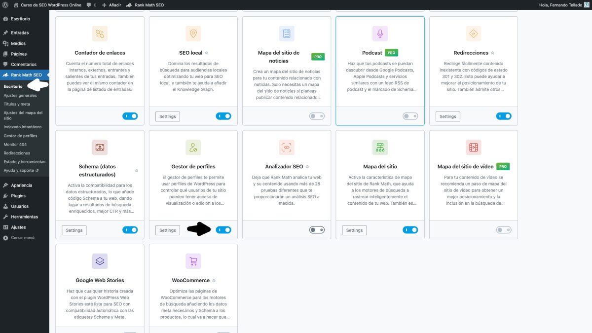 rank math seo activar gestor de perfiles