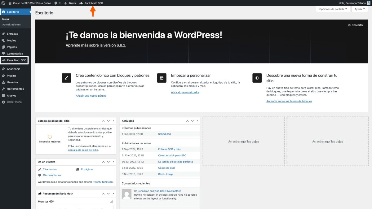 rank math seo menu en barra admin wp