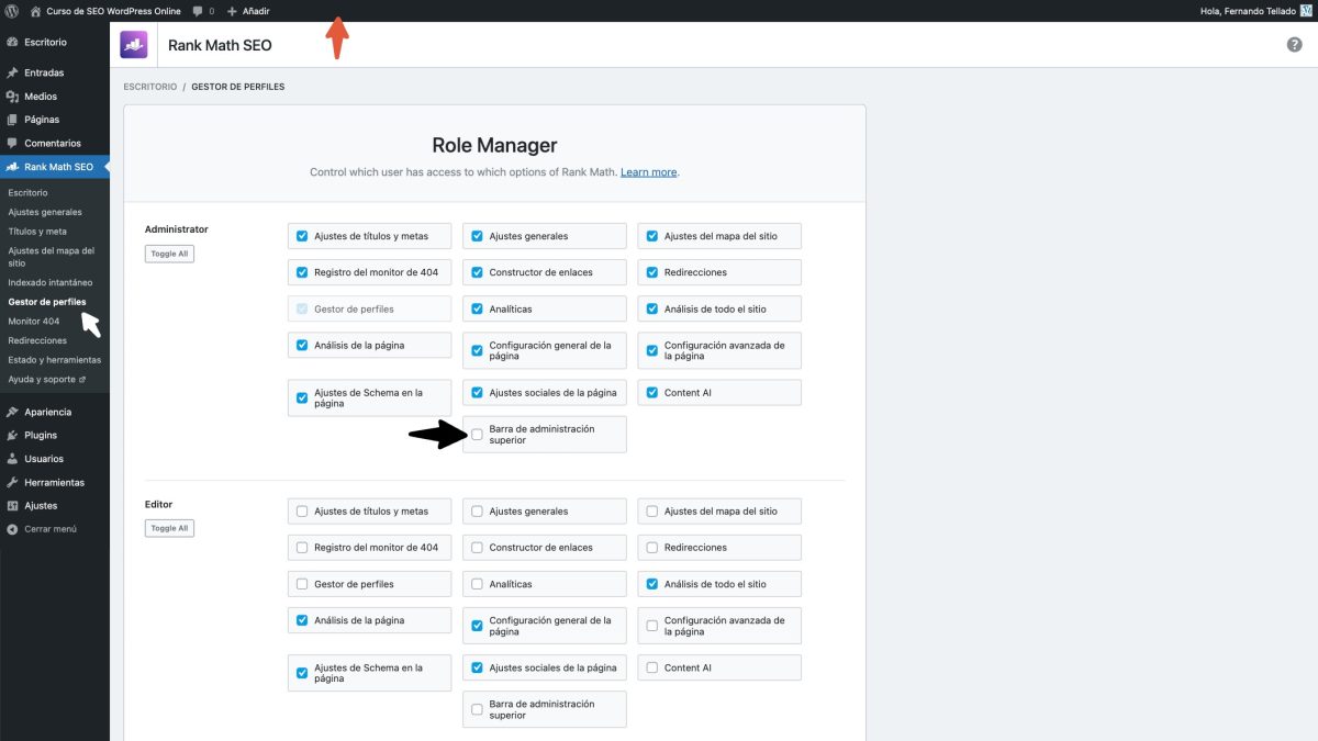 sin menu rank math seo barra admin wordpress