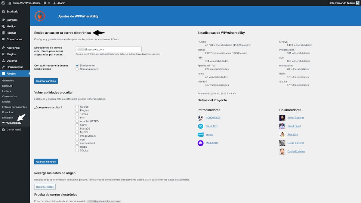 wpvulnerability ajustes