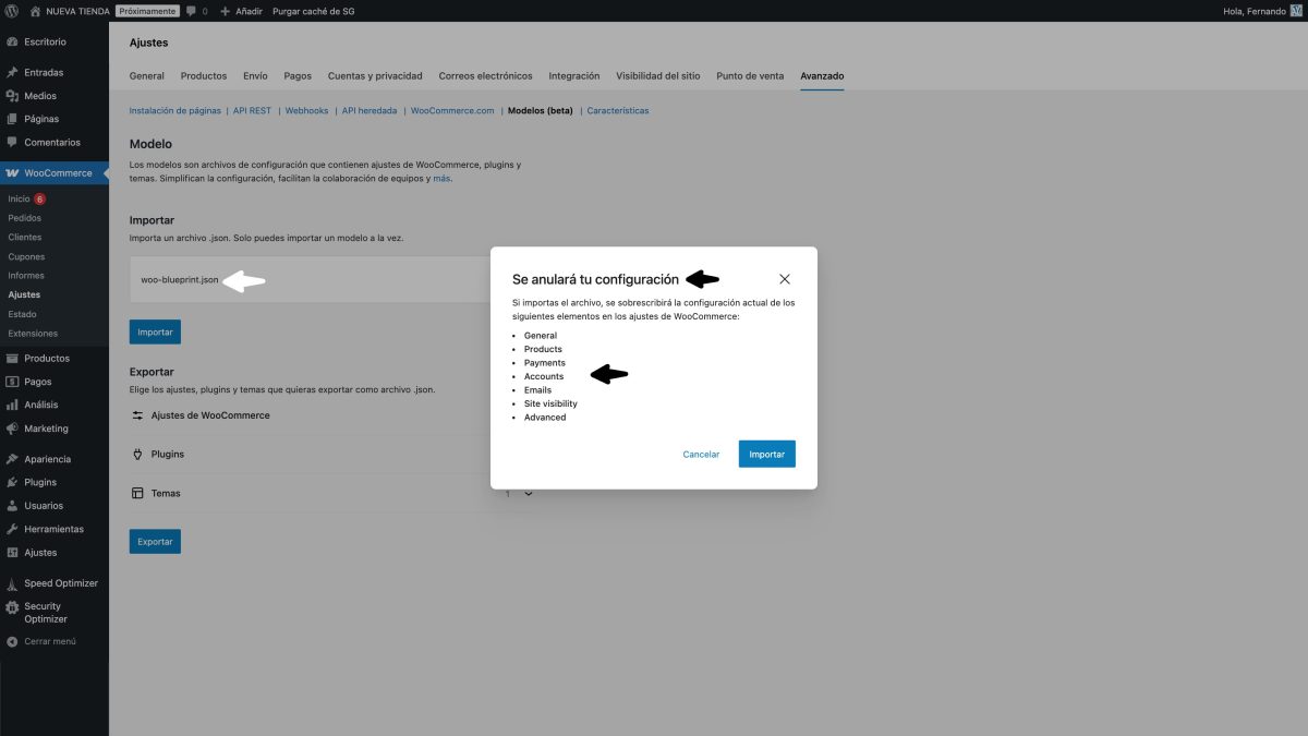 aviso importar blueprint woo