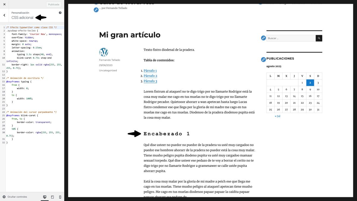 clase css adicional efecto tecleo wordpress
