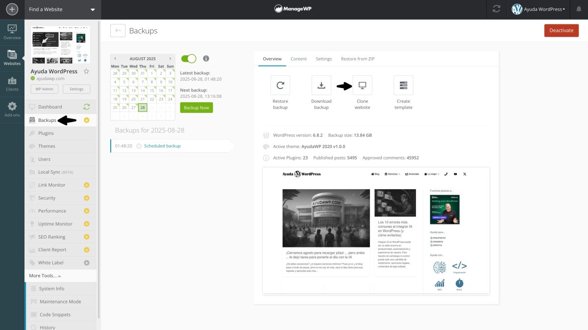 clonar web managewp backups