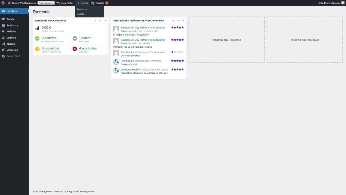 escritorio de wordpress + woocommerce después de easy store management solo para gestores de tienda