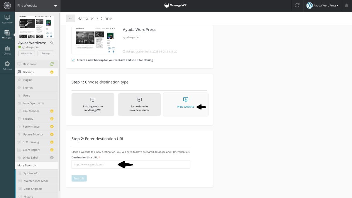managewp clonar sitio en nueva web