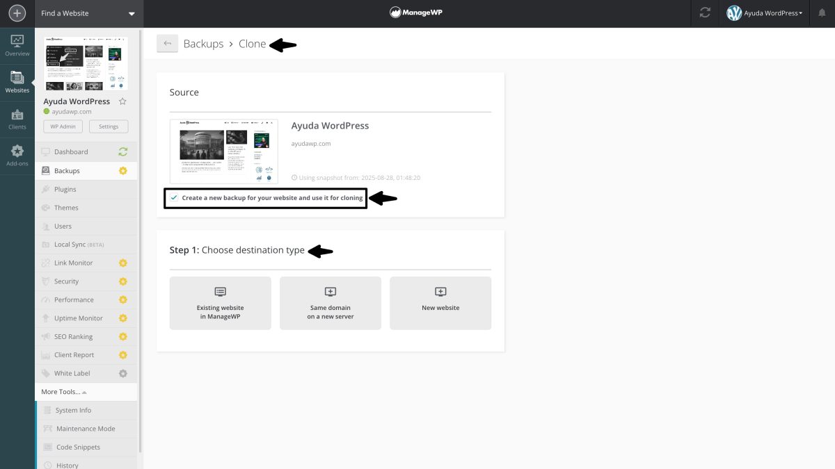 managewp nuevo backup blueprint clonados