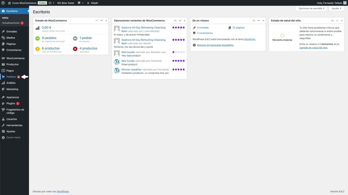 woocommerce menu pedidos propio