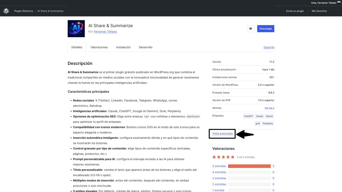activar vista avanzada plugin wordpress