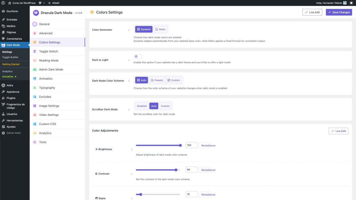 dracula dark mode ajustes