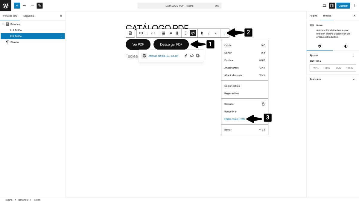 editar como html boton editor bloques wordpress