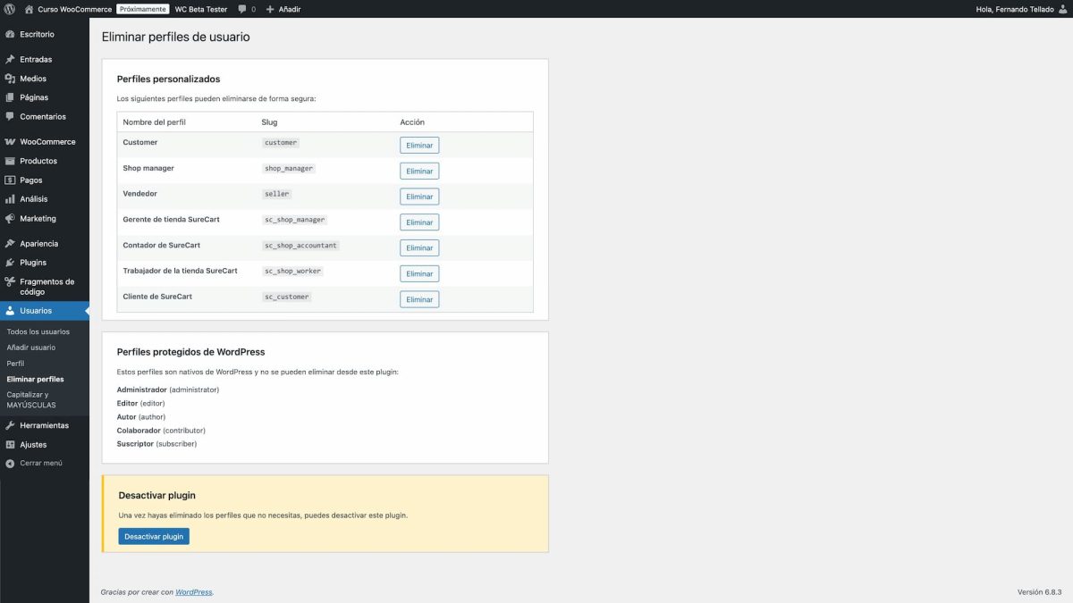 eliminar perfiles usuario wordpress