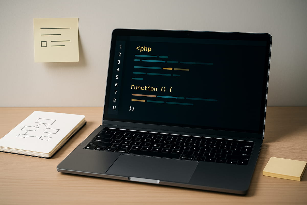 escritorio de programador con portatil y código