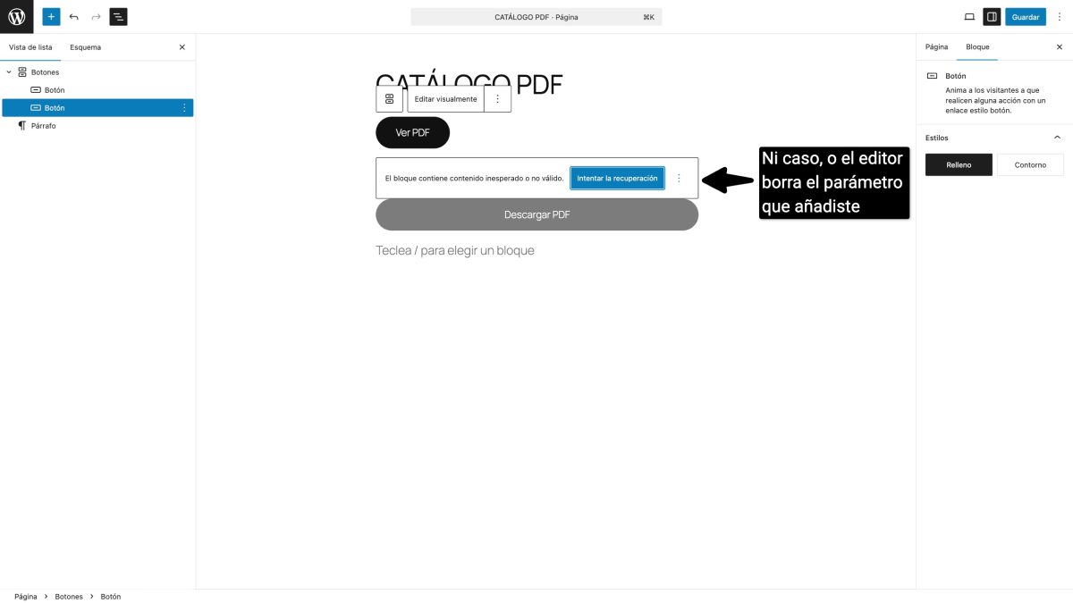mensaje advertencia intentar recuperar bloque editor wordpress tras agregar parametro download