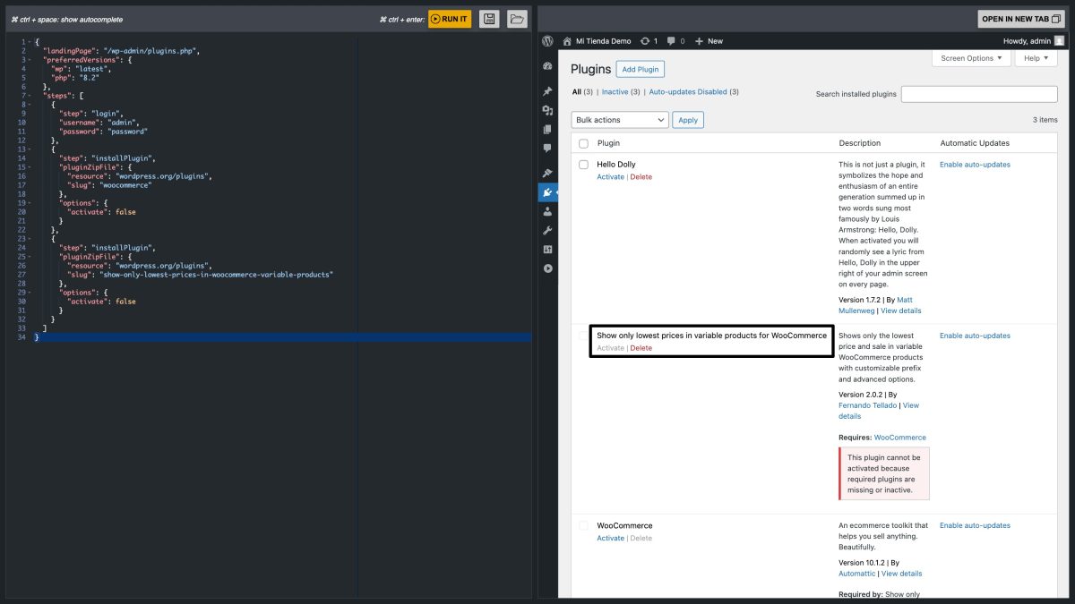 playground con plugin y woocommerce instalados