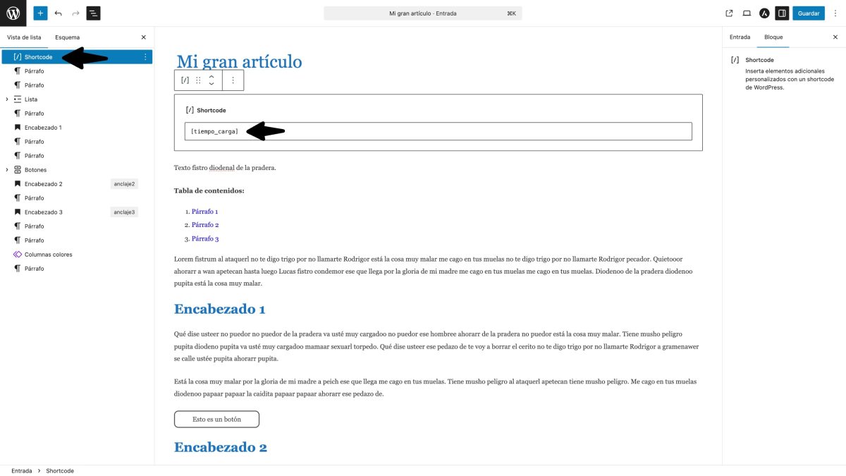 shortcode tiempo carga wordpress
