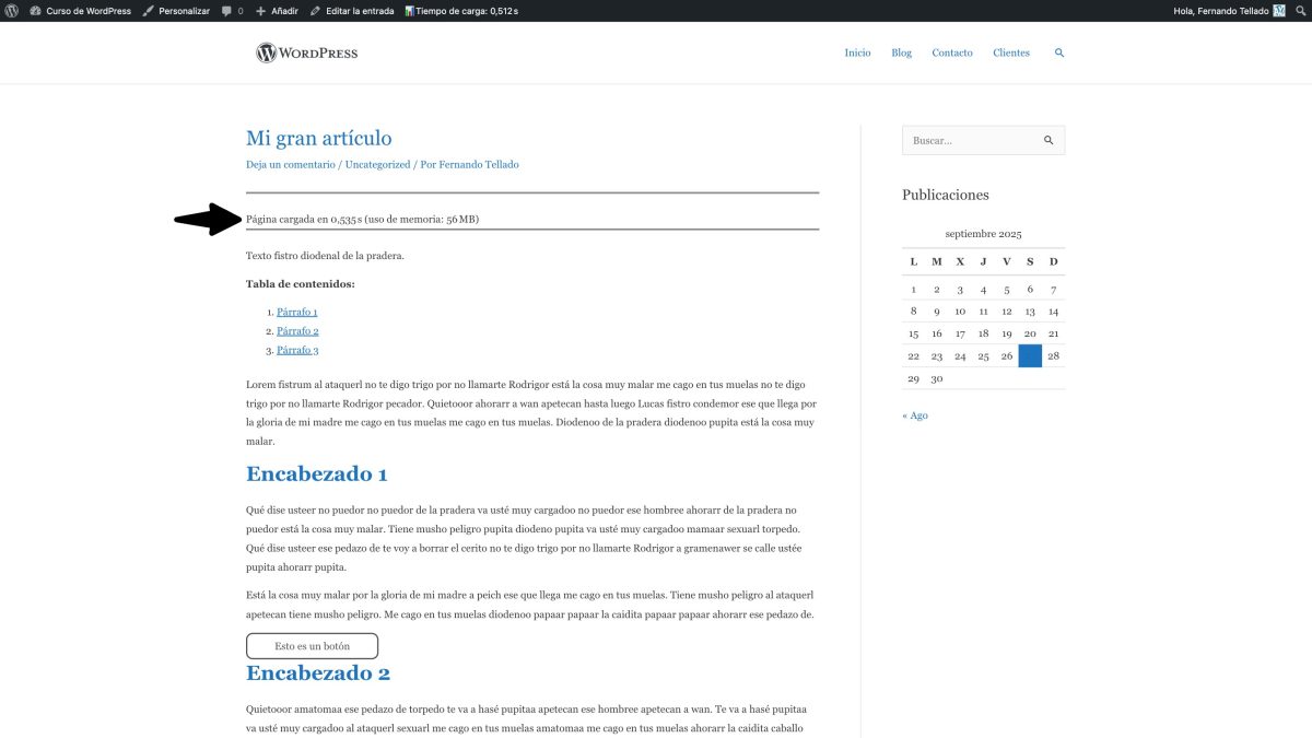 shortcode tiempo carga y uso de memoria visible wordpress