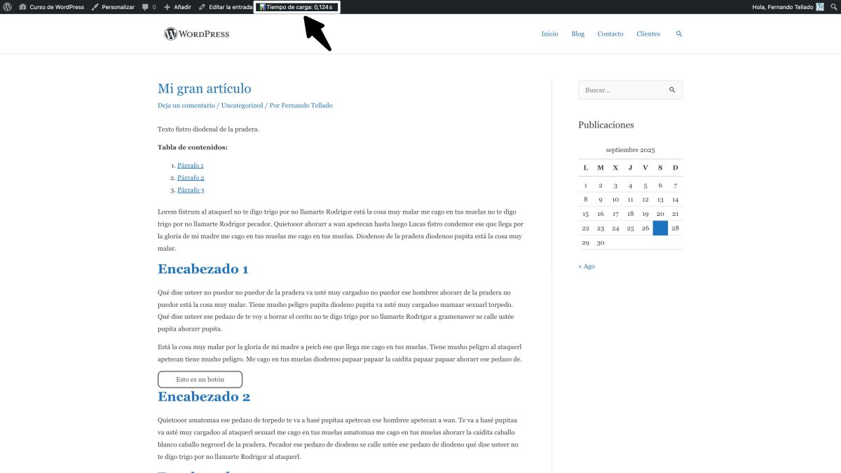 tiempo carga barra admin wordpress
