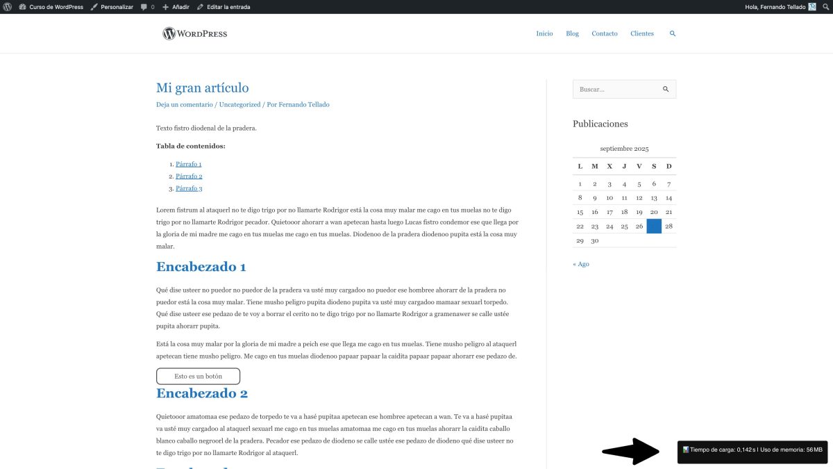 tiempo carga y uso de memoria boton flotante wordpress