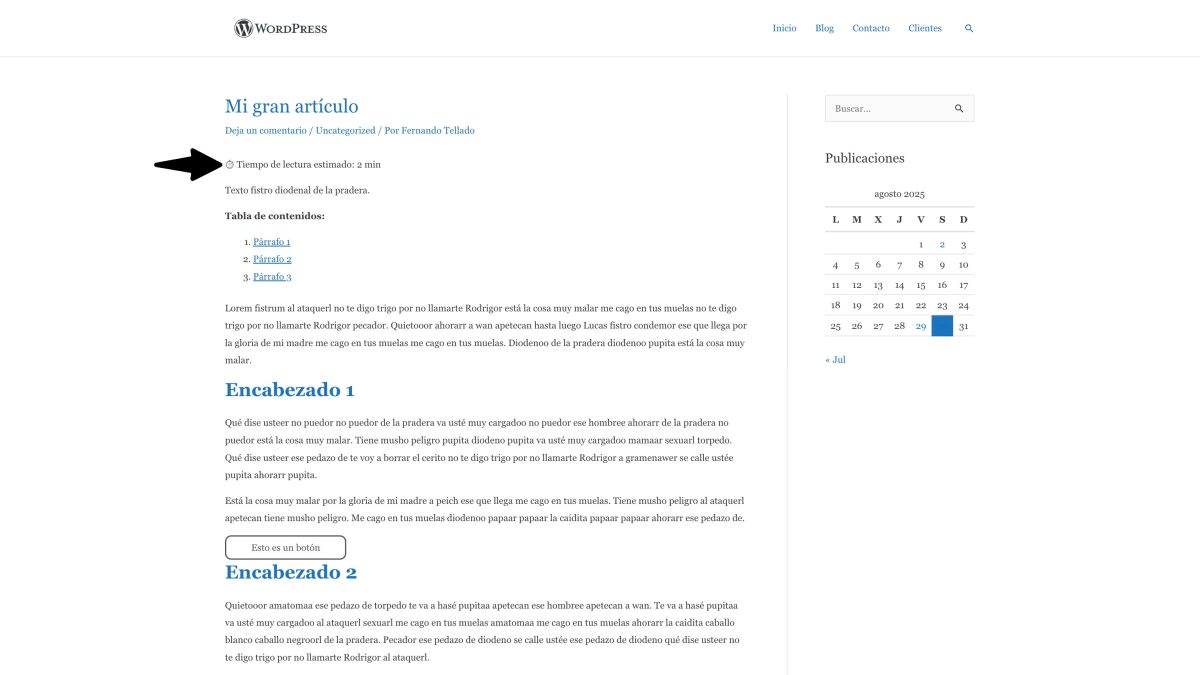 tiempo lectura simple wordpress sin plugins